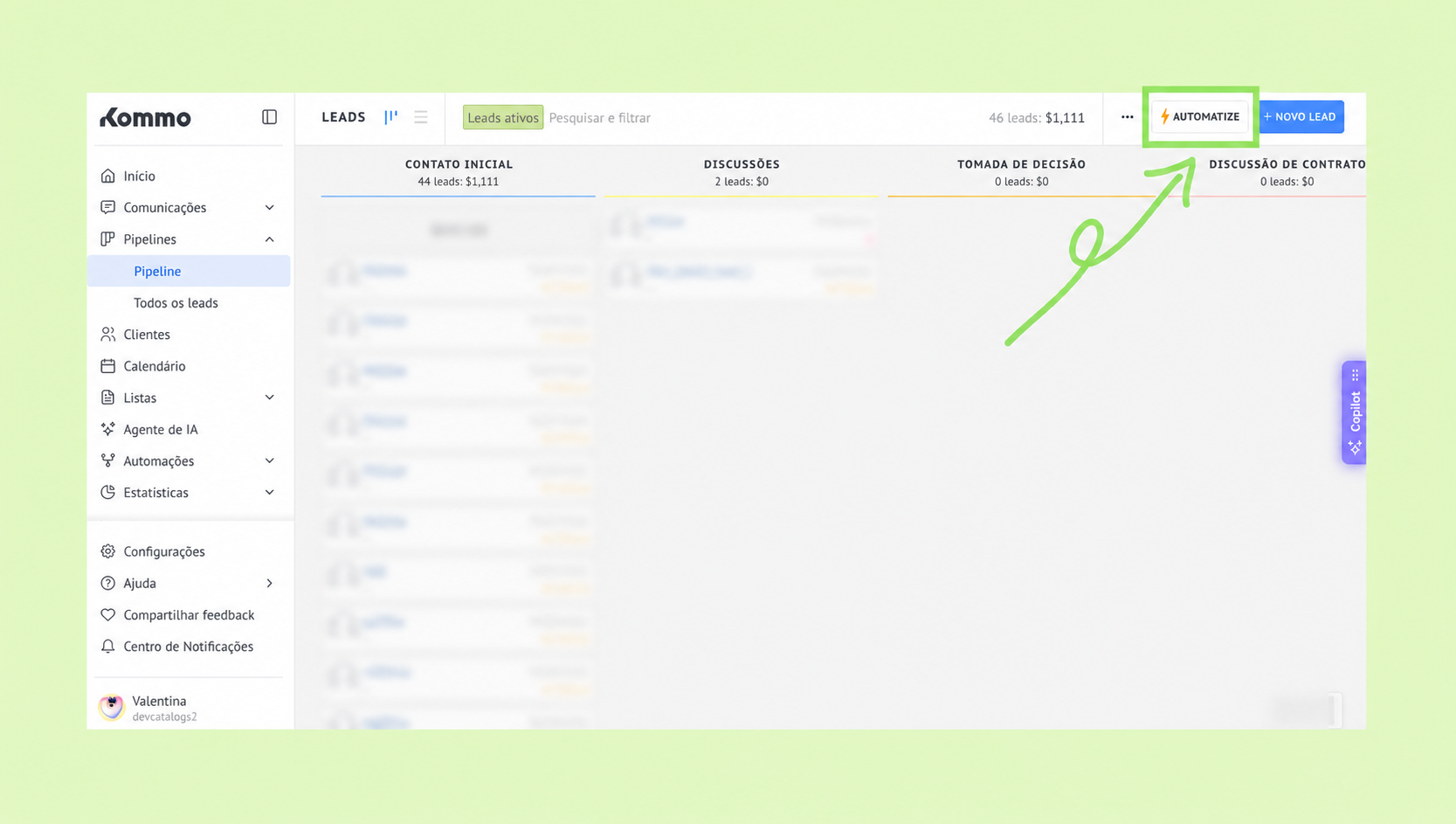 Dashboard view showing leads, discussions, and an option to automate processes.